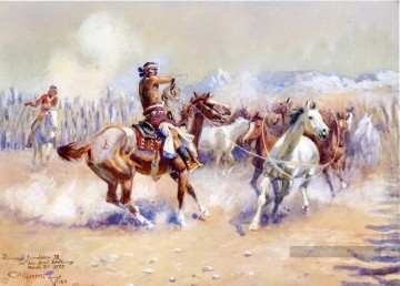 navajo chasseurs de chevaux sauvages 1911 Charles Marion Russell Peinture à l'huile